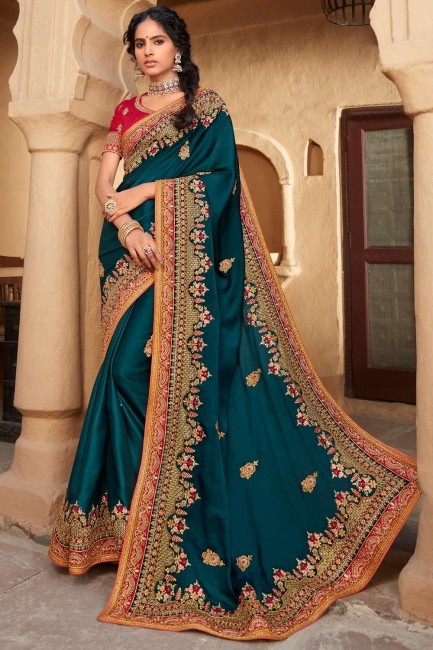 Embroidered Satin georgette Wedding Saree in Rama with Blouse
