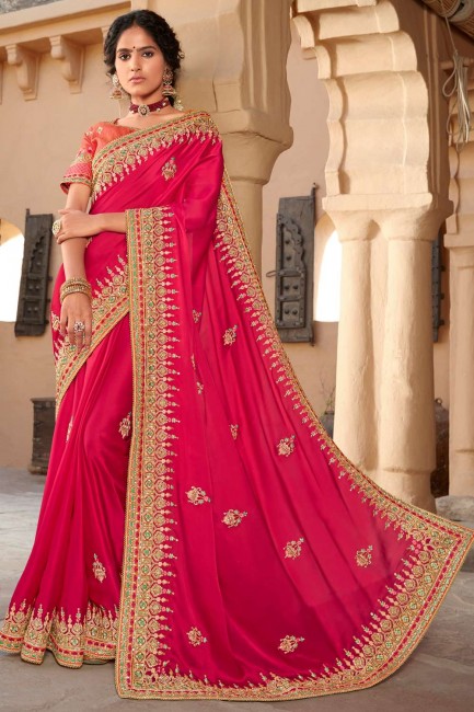 Embroidered Satin georgette Pink Wedding Saree with Blouse