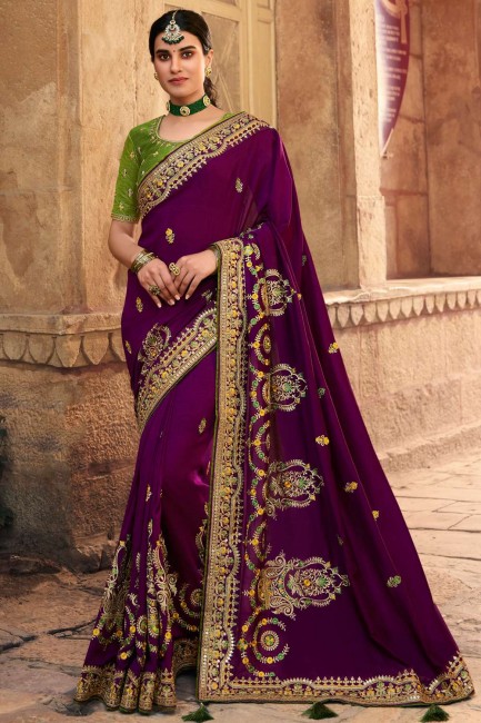 Wine  Resham,embroidered South Indian Saree in Satin georgette