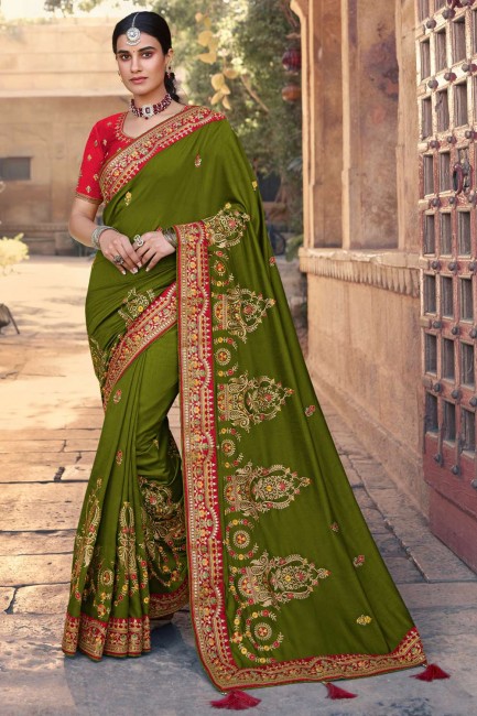 Resham,embroidered South Indian Saree in Mehendi  Satin georgette