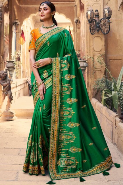 South Indian Saree in Green Satin georgette with Resham,embroidered