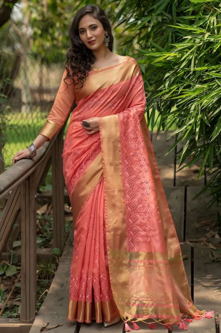 Zari,embroidered Silk Saree in Pink with Blouse