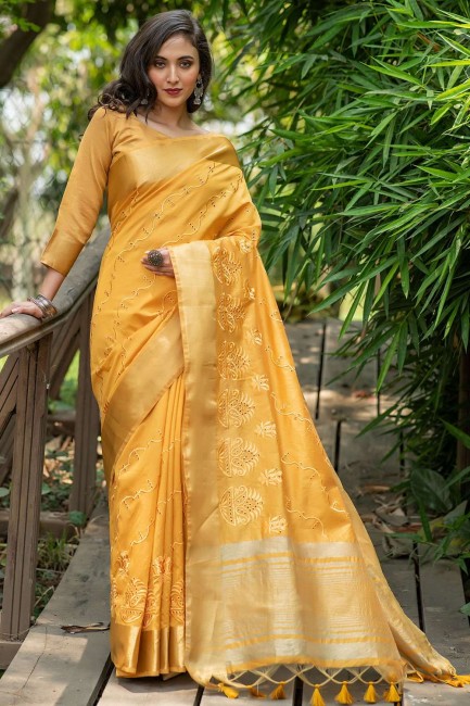 Yellow Zari,embroidered Saree in Silk