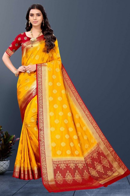 South Indian Saree in Yellow Silk with Weaving