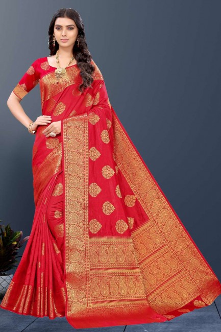 South Indian Saree in Silk with Red Weaving