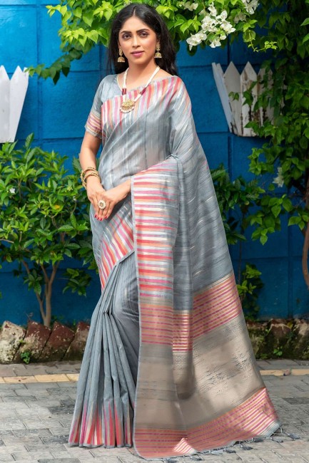 Grey Saree in Tussar silk with Plain