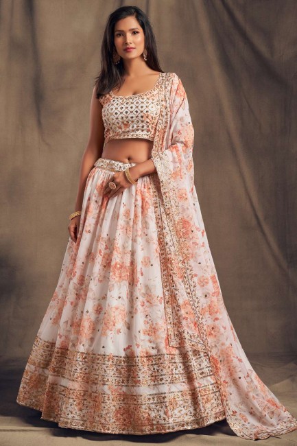 White Party Lehenga Choli in Organza with Printed