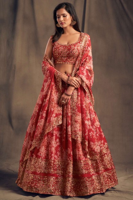 Printed Organza Party Lehenga Choli in Red with Dupatta