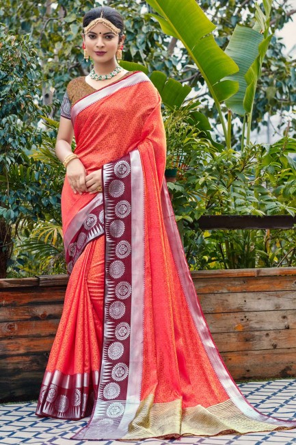 Peach Weaving Banarasi Saree in Banarasi silk