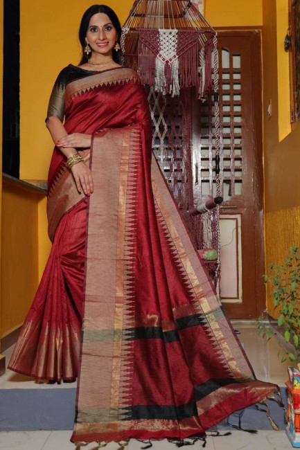 Raw silk Weaving Maroon Banarasi Saree with Blouse