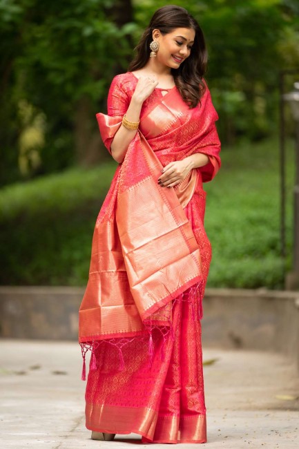 Zari Banarasi silk Banarasi Saree in Pink with Blouse