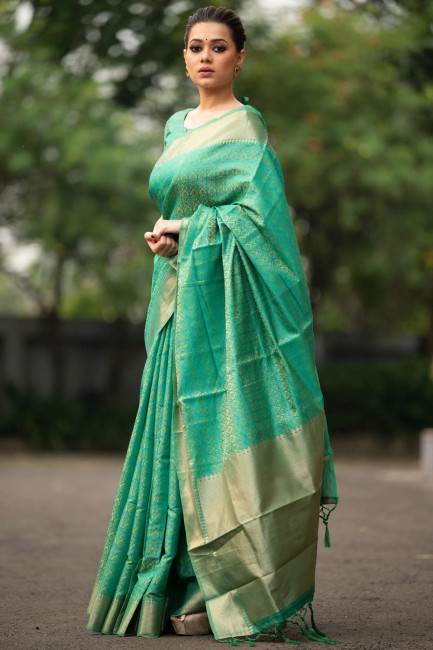 Zari Banarasi silk Rama  Banarasi Saree with Blouse