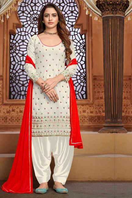 Embroidered Patiala Suit in White Faux georgette