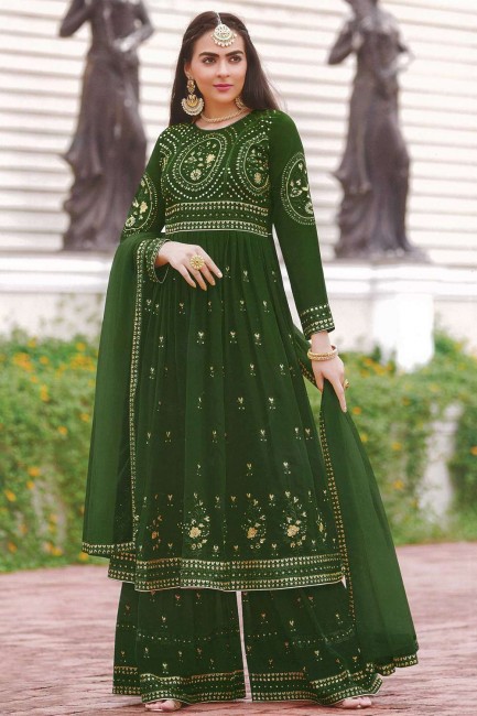 Green Embroidered Faux georgette Eid Sharara Suit