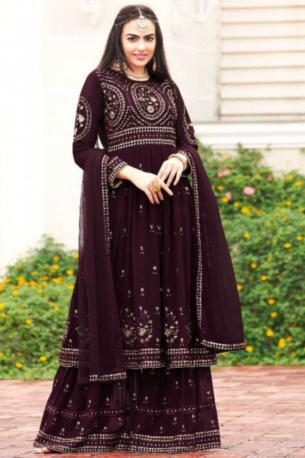 Embroidered Faux georgette Eid Sharara Suit in Wine
