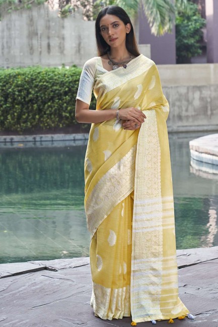 Thread,weaving Linen South Indian Saree in Yellow with Blouse