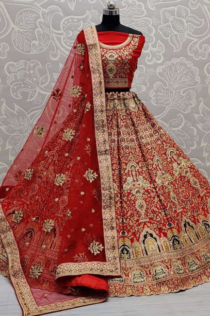Embroidered Silk Red Wedding Lehenga Choli with Dupatta