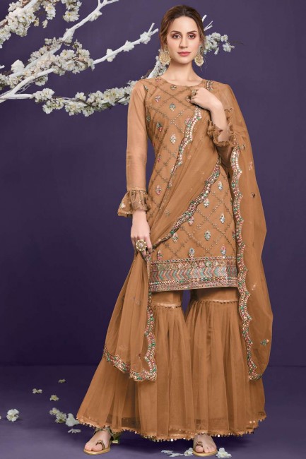Brown Embroidered Eid Sharara Suit in Net