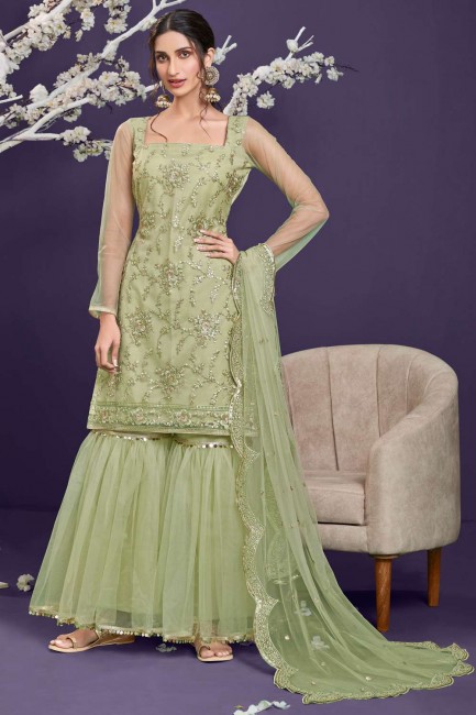 Net Eid Sharara Suit with Embroidered in Pista green