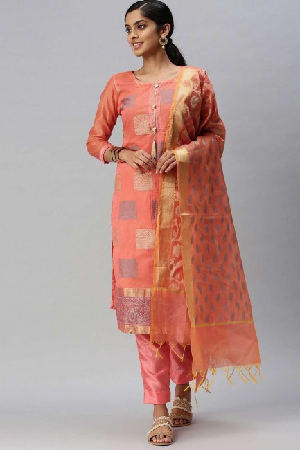 Peach Salwar Kameez with Weaving Banarasi silk