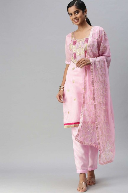 Pink Chanderi Embroidered Salwar Kameez with Dupatta
