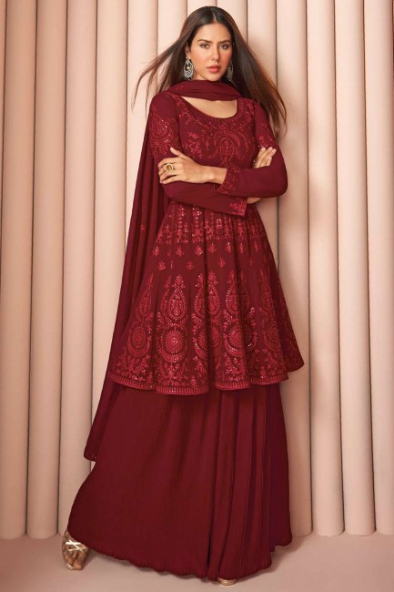Embroidered Georgette Palazzo Suit in Maroon with Dupatta