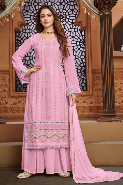 Embroidered Faux georgette Pink Sharara Suit with Dupatta