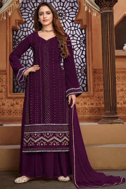 Wine  Sharara Suit in Faux georgette with Embroidered