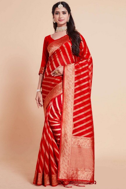 South Indian Saree in Red Organza with Weaving