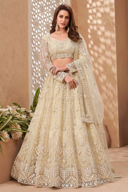 Pale yellow Embroidered Party Lehenga Choli in Net