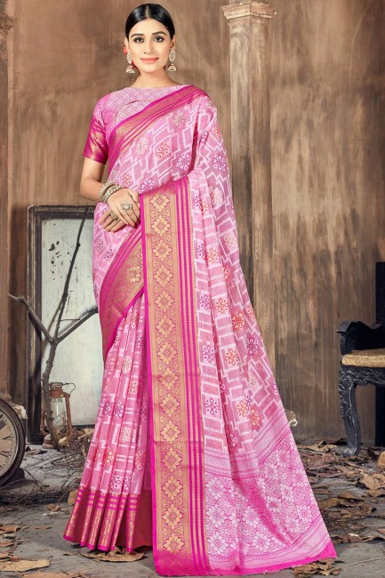 Cotton and silk Weaving Pink South Indian Saree with Blouse