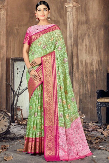 Green South Indian Saree in Weaving Cotton and silk