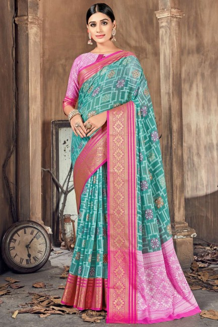 Rama  South Indian Saree with Weaving Cotton and silk
