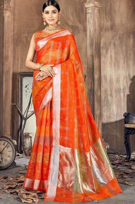 South Indian Saree in Orange Cotton and silk with Weaving