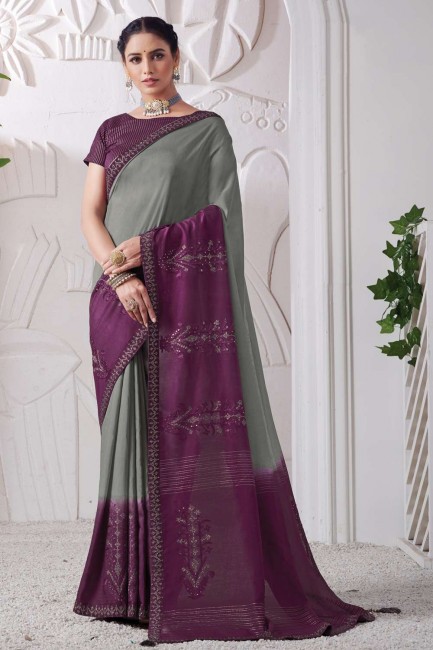 Resham,zari,embroidered Silk and viscose Grey South Indian Saree with Blouse