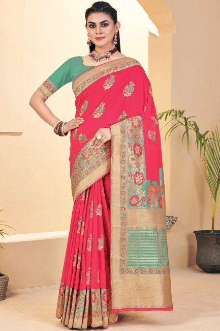 Banarasi silk Weaving Pink Banarasi Saree with Blouse