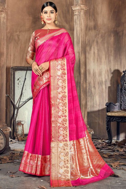Pink Saree in Cotton and silk with Weaving