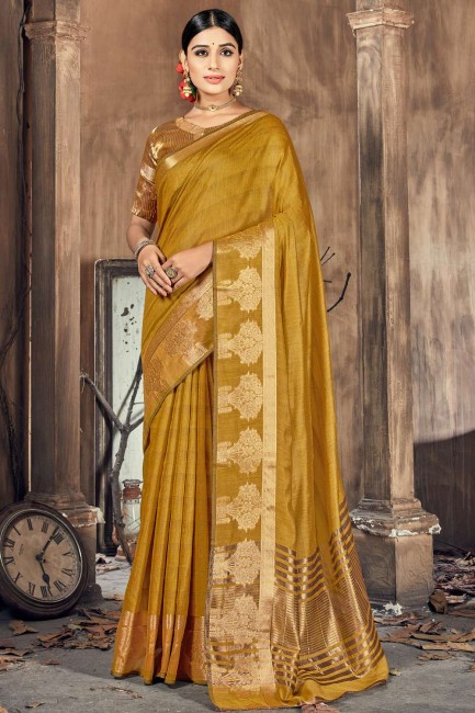Weaving Saree in Olive  Cotton and silk