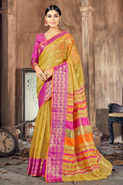 Cotton and silk Saree with Weaving in Olive