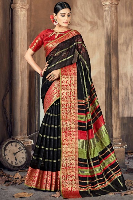 Weaving Silk Saree in Black with Blouse