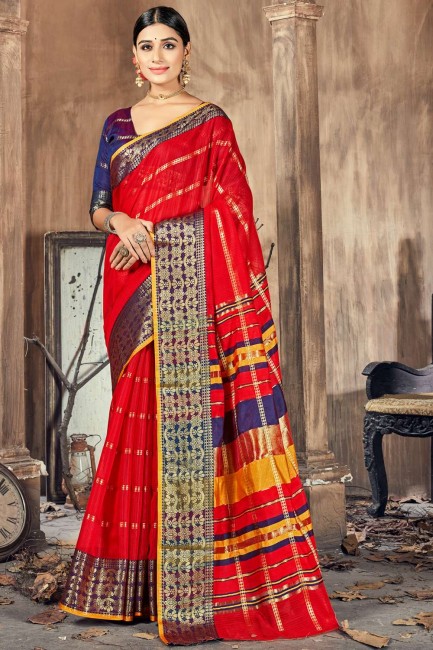 Saree in Red Silk with Weaving