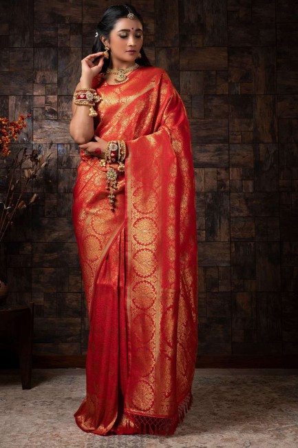 Weaving Saree in Orange Raw silk
