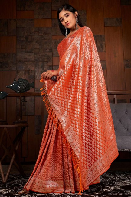 Raw silk Orange Saree in Weaving