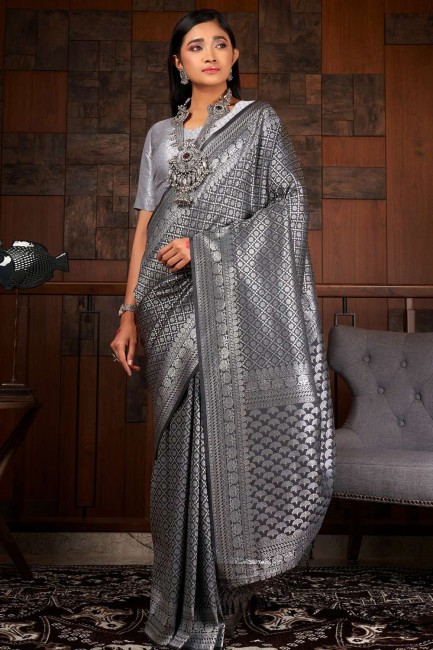 Grey Weaving Saree in Raw silk