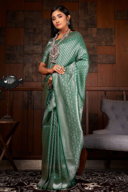 Weaving Saree in Green Raw silk