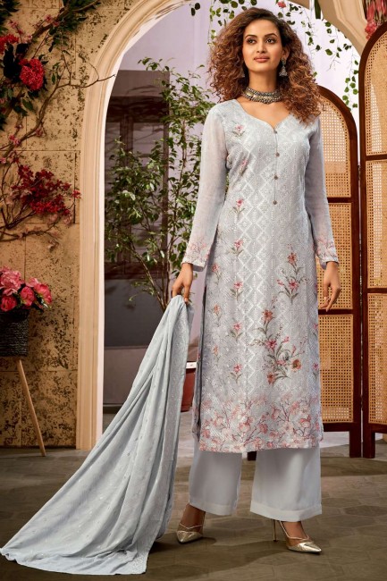 Georgette and viscose Palazzo Suit with Embroidered in Grey