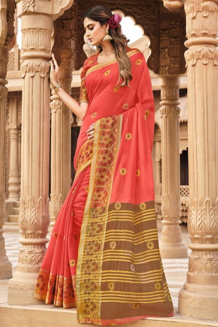 Pink Saree in Cotton with Weaving