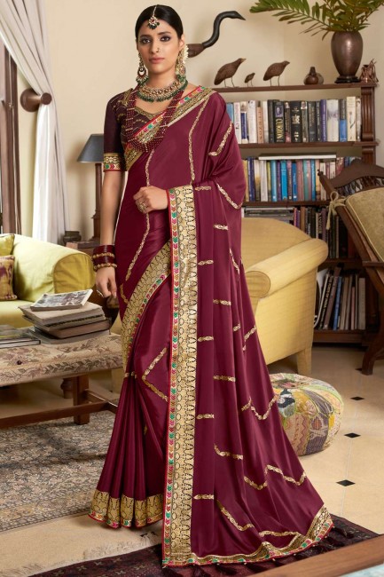 Maroon Saree in Lace Crepe and silk