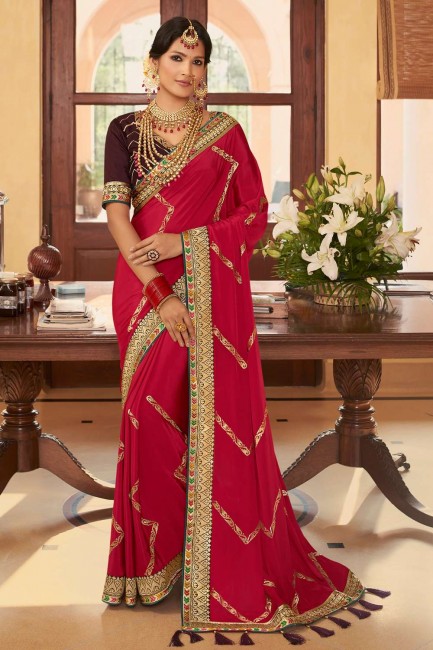 Pink Saree in Crepe and silk with Lace