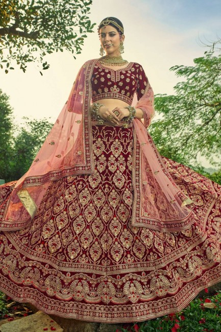 Velvet Maroon Embroidered Wedding Lehenga Choli with Dupatta